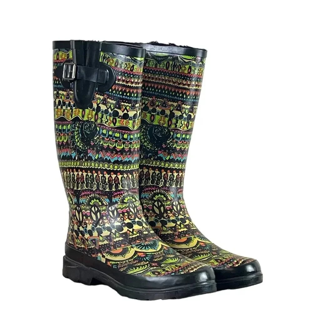The Sak Sacroot Rain Boots Peace Love Boho Chunky Black Multi Women’s Size 7M